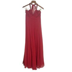 Vintage Féraud Womens Red 100% Silk Beaded Sleeveless Halter Long Dress Size 6